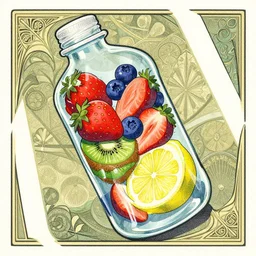 ( ( dither ) ), editorial illustration strawberries blueberries sliced kiwi sliced lemon inside a clear drinking bottle, isometric, modern art deco, ( ( mads berg ) ), detailed, dynamic composition, wide angle, matte print, strong grain, art nouveau, moebius