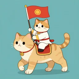 a small cat warrior with his national flag riding a large cat steed