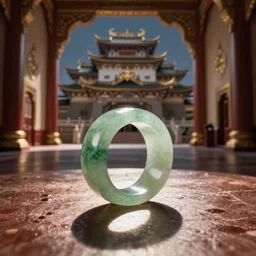 macro shot of a jade ring sitting on a table in the hall of a great castle
