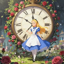 Alice in Wonderland,Clock,Rose twining,out of time and space,dreamy, eternity, romantic,highly detailed, anime style, pixiv