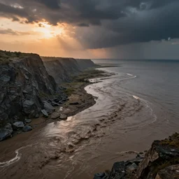 muddy river delta joining sea by hiroshi yoshida, marc simonetti, roger deakins, turner, rothko, hyperrealistic, cinematic, rock plateau, dramatic stormy scene, sunset, matte painting, fluid simulation, volumetric light, trending on artstation, 8 k high detail concept art, top view, rendered in octane