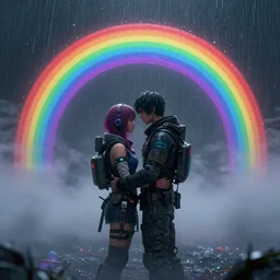 rainbow, cyberpunk, couple hugging, with fog, rain, video game, digital art, studio quality, galaxy, 4k resolution