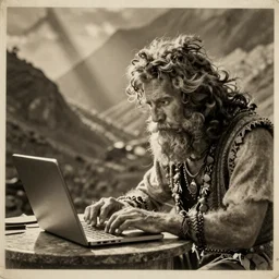 caveman working on a laptop, old photograph