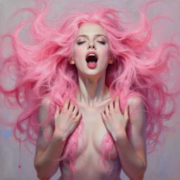 pink - haired woman, mouth opened, soft psychedlic body painting, no makeup, detailed arms & hands, detailed lips, ahegao face, detailed frontal declotage and thick flowing hair, by gil elvgren, julie bell, and randolph stanley hewton, fantasy, photorealism, splatter, bleed, epic lighting, hyperrealism, 8 k