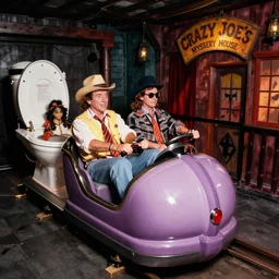 1990s photo of inside the Crazy Joe's Mystery House Show ride at Universal Studios in Orlando, Florida, riding a toilet car through Joe's nightmare , cinematic, UHD