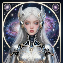 detailed realistic beautiful young cher alien robot as queen of andromeda galaxy portrait, art nouveau, symbolist, visionary, baroque, giant fractal details. horizontal symmetry by alphonse mucha. highly detailed, hyper - real, beautiful