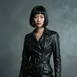 moody, youthful asian blade runner demure, 3 5 mm, exquisite features, feminine cut, noire wrap arounds, 1 9 7 0's frontiers in flight leather suit, roger deakins, smoke, grain, misty