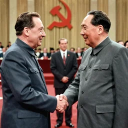 60s movie still of Josip Broz Tito shaking hand with Mao at a soviet's congress, by Irving Penn , kodakchrome, heavy grainy picture, very detailed, high quality, 4k, HD criterion, precise texture