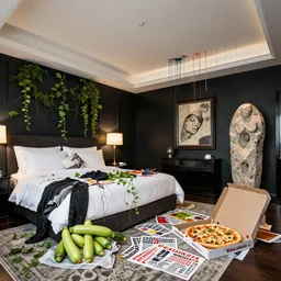courgettes in a chaotic luxury hotel bedroom, art supplies, clothes, vines, empty vegan pizza boxes, propaganda leaflets, a large stone sculpture, paint dripping from ceiling, black walls