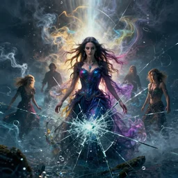 sorceress in a chaotic storm of liquid smoke multicolor splash portrait, by petros afshar, sabbas apterus, brian sum, ross tran, tom whalen, shattered glass, bubbly underwater scenery, radiant light