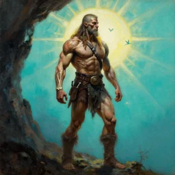 muscular endoskeleton barbarian hunter  full body pose, sun rays , small bird sihouettes  in cyan background , very textured detailed  oil painting by rembrandt , hard backlight , in dark cave