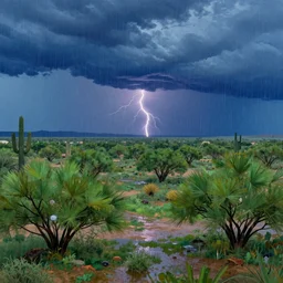 a stormy monsoon rainstorm in the arizona desert, the landscape is mostly green with lots of mesquite trees and bushes, puddles, lightning, beautiful cloudy deep blue sky, by georgia o'keeffe and thomas kinkade and quentin mabille and geoffroy thoorens, trending on artstation.