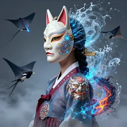 3 d goddess medium shot profile portrait. beautiful intricate highly detailed korean gumiho mask and traditional korean hanbok. stingray, magpie, stingray, magpie, bioluminescent, plasma, lava, ice, water, wind, creature, fog, artwork by tooth wu and wlop and beeple and greg rutkowski, 8 k trending on artstation,