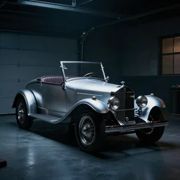 sports car in garage dark atmospheric volumetric lighting moody dark cinematic Roger Deakins Cinematography cyberpunk car Model-T Ford Rolls Royce Silver Ghost 1936 Mercedes-Benz 500K ikuo maeda Newton Thomas Sigel
