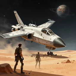 in front of a crashed fighter spacecraft on a remote desert planet, from a space themed point and click 2 d graphic adventure game, art inspired by tomb raider and thomas kinkade