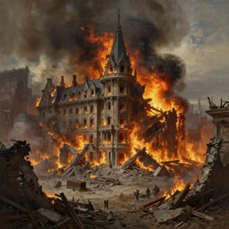 concept art of ruins of a victorian city burning down by j. c. leyendecker, wlop, ruins, dramatic, octane render, epic painting, extremely detailed, 8 k