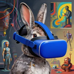 rabbit groot blue vr glasses headset by artstation, many cables in background, deviantart, artfol, artbox, cgsociety, gfxartist, artful, zatista, artpal, instagram, blendernation, frank stella, beeple, giger, kopera, zawadzki, abstract, surrealism, hyperrealism, futurism 4 k, octane