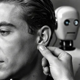 a cinematic black and white image of a robot measuring a human ear, a film by david lynch