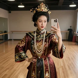 Empress Dowager Cixi takes a selfie at a Chicago dance studio while posing like a baddie, iPhone photo