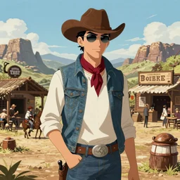 cowboy bebop in the old western world with rugged terrain and  taverns landscape portraits