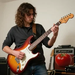 tomato playing an electric guitar