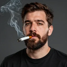 Disco Elysium portrait of a man with a beard, he is smoking a cigarette