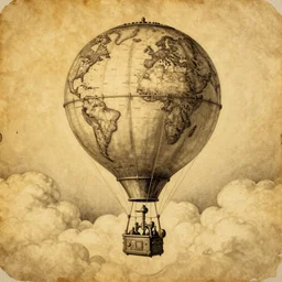 “an old yellowed etch on canvas of a hot air balloon floating between the clouds, the balloon fabric is a spherical world map. Jules vernes, steampunk style, sepia and yellow paper”