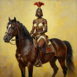 painting of a black female zulu warrior riding a horse, highly detailed painting, realistic, symmetrical, illustration, artstation, in the style of frank frazetta, ayami kojima