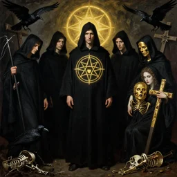 dante's inferno, with people in black hooded tunic like in the film eyes wide shut of stanley kubrick, illuminati symbol, crows, skeletons, crosses, dark beauty, rotten gold, perfect faces. highly detailed painting by gaston bussiere and j. c. leyendecker 8 k