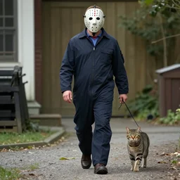 Jason Voorhees walking a cat photo realistic