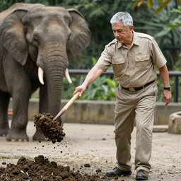 a photo of Anthony Fauci shoveling elephant poop at the zoo, he is dressed in a tan uniform