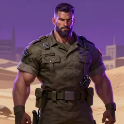 purple lighting, detailed character concept illustration, white male strong muscular mature soldier with beard and short hair in a soldier uniform, desert with city in the background, sharp focus, illustration, highly detailed, digital painting, concept art, matte, art by wlop and artgerm and greg rutkowski, masterpiece
