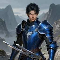 portrait of a dragonslayer in the mountains, male, shiny blades, plate navy blue armor, dragon motif, high fantasy, dnd, face details, extremely detailed, smooth, sharp focus, digital illustration, by artgem, rossdraws, sakimichan