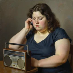 a painting of a chubby woman listening to an old fashioned radio by tim okamura, featured on artstation, classical realism, hyper realism, chiaroscuro, fine art, cgsociety