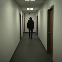 a dark figure at the end of a creepy empty office hallway. found footage craiglist photo.