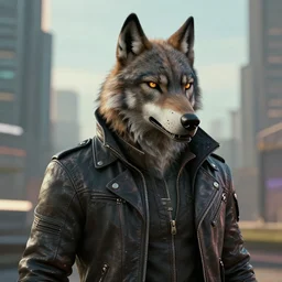 3d render of detective canis lupus wolf muzzle wearing a leather jacket in cyberpunk 2077 city in background