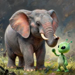 cute elephant, playing with an alien boy, artwork by goro fujita,