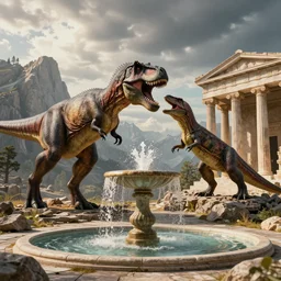 amazing prehistoric landscape photo of tyrannosaurus and komodo fighting beside mount olympus, greek doric ionic corinthian fountain, beautiful dramatic lighting