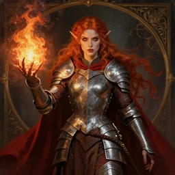 portrait painting of an elven female redhead cleric wearing a metal armor and a red cape, casting a fireball, ultra realistic, concept art, intricate details, eerie, highly detailed, photorealistic, octane render, 8 k, unreal engine. art by rebecca guay and artgerm and greg rutkowski and alphonse mucha