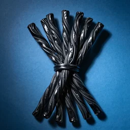 a bundle of black twizzlers on a blue background, licorice candy, long twisted strands
