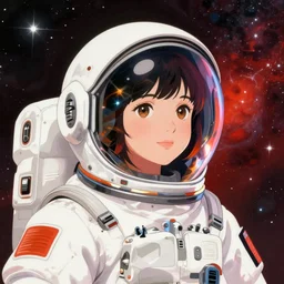 portrait of a young astronaut girl, last exile, yoshitoshi abe, alphonse mucha, loish, murata range, synthwave, cosmic,red white and black color scheme, orange highlights, studio lighting, manga, anime, vibrant, beautiful,  dreamy, gradation, ((space nebula background))