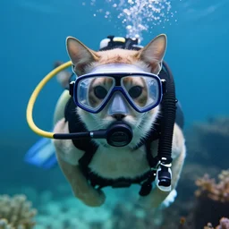 a cinematic cat with scuba mask underwater, scuba diving, front view, ultra realistic, canon, 3 5 mm, bokeh, coherent