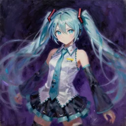 oil painting portrait of hatsune miku by oskar kokoschka, sparkly anime eyes, dynamic violent movement, deep purple and black background, chiaroscuro, automatism, tachisme, violence, heavy impasto technique, painterly, dynamism, iridescence, iridescent gradient desaturated gaussian blur palette knife, ethereal non - realistic