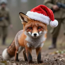 cute fox, wearing santa hat, realistic cinematic lighting, establishing action shot, ultra detailed, hyper realism, photo, octane render, 8k, comedy, trending on artstation, set in ww2 germany