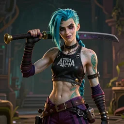real-life Jinx from Arcane, league of legends, cinematic, Wide-shot, atmospheric lighting, directed by Quentin Tarantino, extreme detail, 8K, movie still