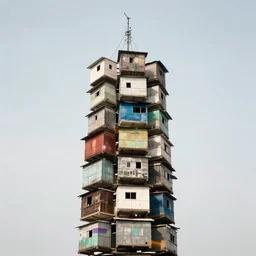 a tower made up of suspended makeshift squatter shacks with bleached colours, mamiya, 8 5 mm, f 1. 7, fully frontal view, uniform plain sky, light leaks, digital glitches, photographed by julie blackmon