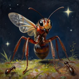 A detailed intricate painting of an anthropomorphic  ant queen standing on her hind legs with large legs looking forward, stars in the background,  formian pathfinder,  digital art 4k,  Wayne Barlowe Greg Rutkowski
