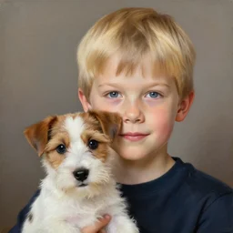 a cute seven year old boy with short straight blonde hair with a very cute wire haired jack russell terrier puppy, white with brown patches over both eyes. detailed, high quality painting by artgerm and greg rutkowski and alphonse mucha