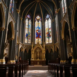 interior of a black and gold neo - gothic church with sunlight through stained glass, hyperdetailed, artstation, cgsociety, 8 k