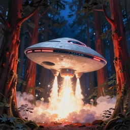 matte painting Zaha Hadid style glowing spaceship taking off launching blast off in clearing in dreamy redwood tree fantasy Forest at night. Forest is lit by ombre glow. Ufo. Digital painting. Beeple. Noah Bradley. Cyril Roland trending on artstation.